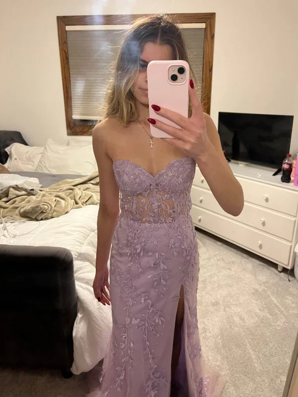 Mermaid Strapless Lilac Lace Long Prom Dresses with High Slit, Mermaid Lilac Formal Dresses, Purple Lace Evening Dresses SP3091 Lace Dress Fashion