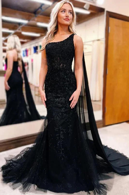 Black One Shoulder Lace Appliques Mermaid Sleeveless Long Prom Dress Lace Cocktail Gown