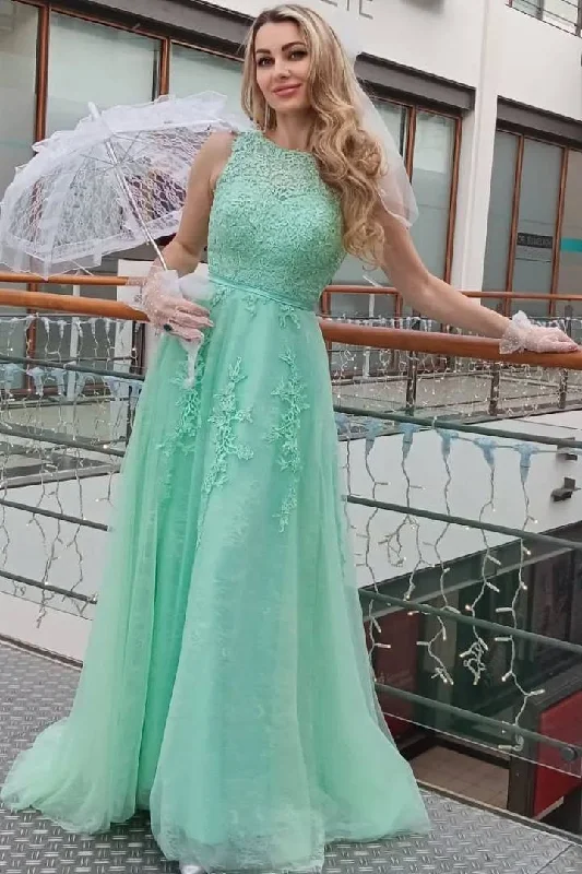 Mint A-Line Scoop Neck Lace Appliques Long Formal Prom Dress Lace Dress Chic