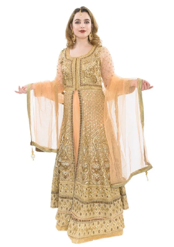 Majestic Lace Gold and Peach Indo-Western Lehenga-SNT11071 Layered Lace Dress