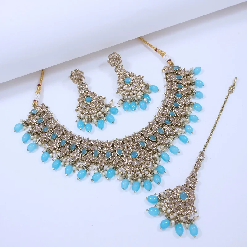 Marine Majesty Sea Blue Beaded Necklace, Earrings, and Tika Set-SNTDC-8 Lace Dress Deep V