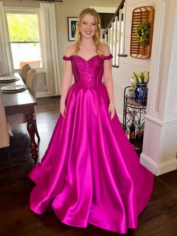 Off Shoulder Magenta Lace Top Long Prom Dresses 2025, Off the Shoulder Magenta Formal Dresses, Magenta Evening Dresses SP3087 Lace Dress Glam