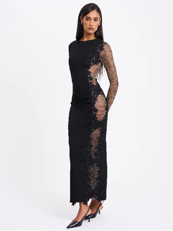 Bailey Lace Trim Crystal Net Cutout Long Sleeve Gown Ruffled Lace Gown