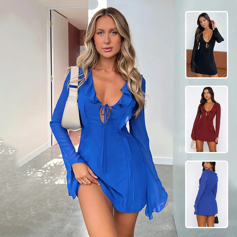 Sexy Ruffled V-neck Lace-up Long-sleeved Dress Fashion Y2K Skirt Slim Hip-covering Short Dresses For Womens Clothing Lace Dress Modern