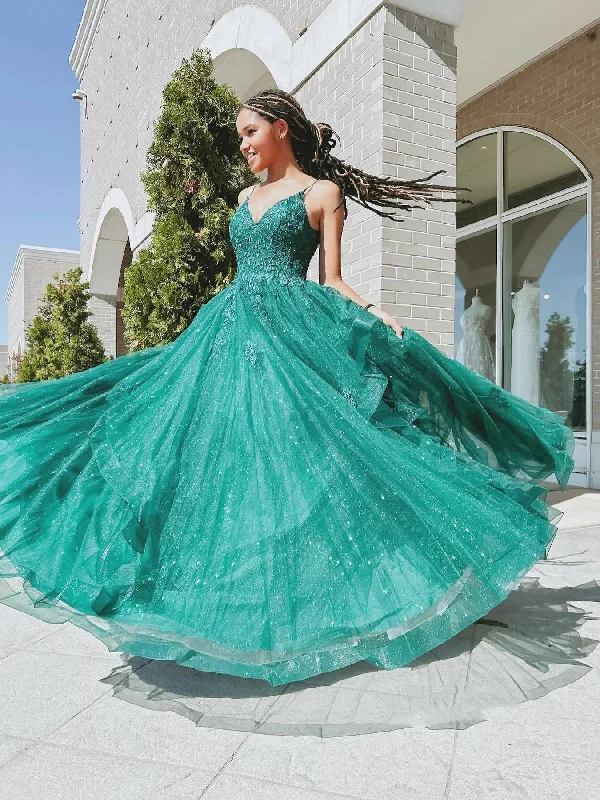 Shiny A Line V Neck Open Back Green Lace Long Prom Dresses, Green Lace Formal Graduation Evening Dresses SP3090 Tiered Lace Dress