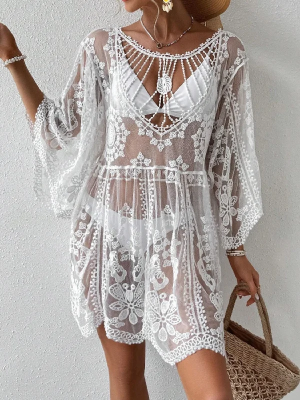 Lace Round Neck Beach Dress, Resort Cover-Up Lace Dress Fit