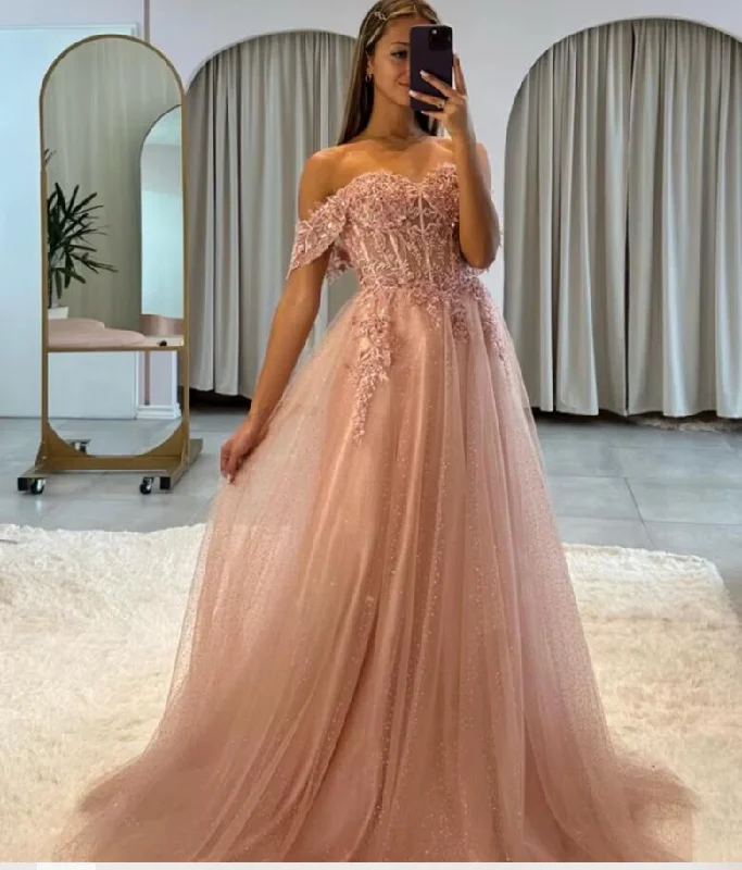 BLue/Pink Chic Lace Prom Dresses Girls Off the Shoulder Beading Gown PS1213 Lace Dress Elegance