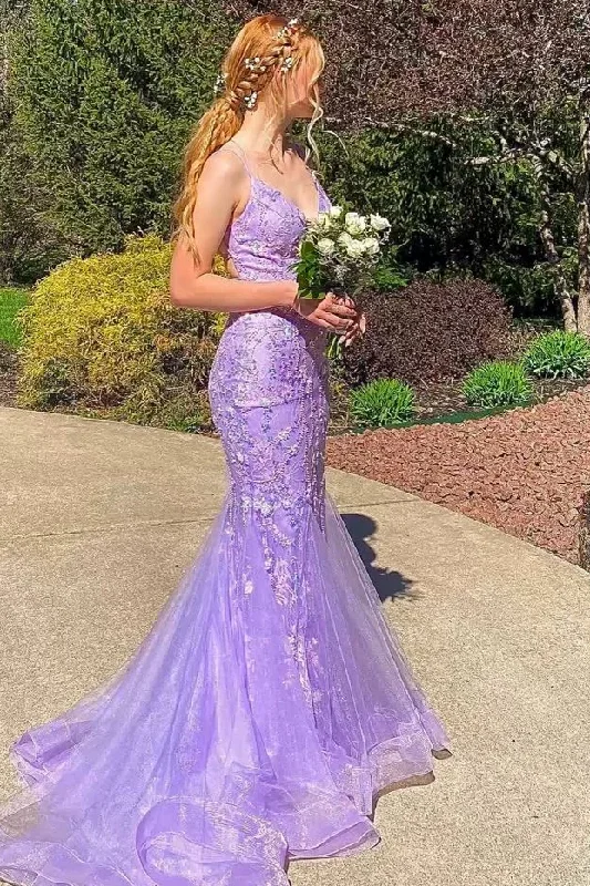 Mermaid Spaghetti Straps Lace Appliques Long Prom Dress Simple Lace Dress