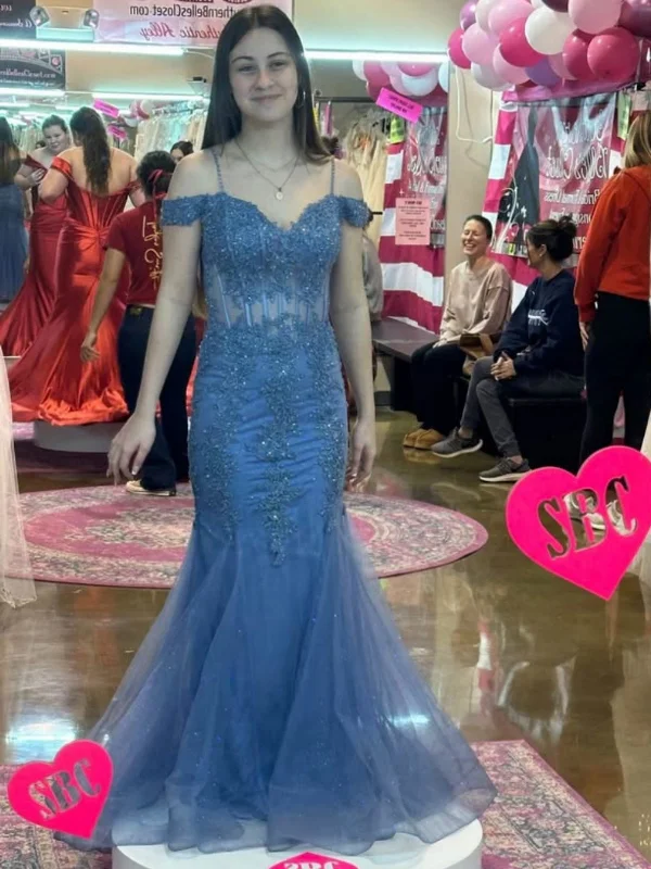 Elegant Off Shoulder Mermaid Blue Lace Long Prom Dresses, Mermaid Blue Formal Dresses, Blue Lace Evening Dresses SP3088 Pink Lace Dress