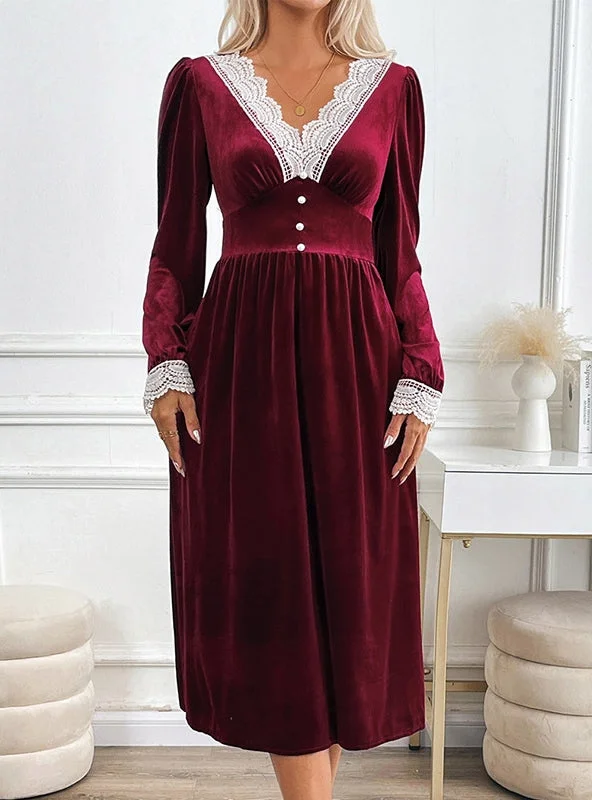 Velvet Lace Stitching Long Sleeve Dress Lace Dress Glamorous