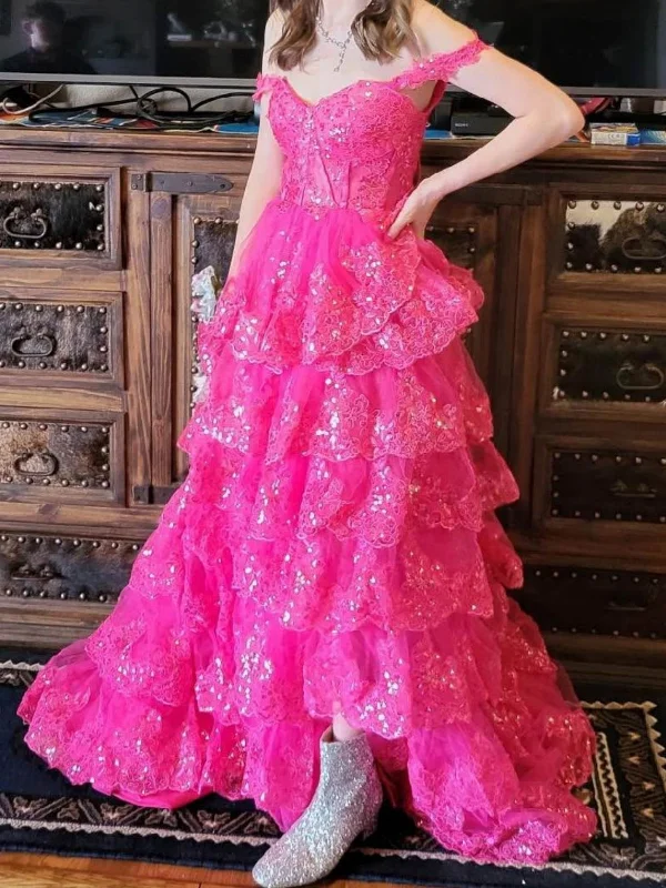 Off Shoulder Layered Hot Pink Lace Long Prom Dresses, Hot Pink Lace Formal Dresses, Hot Pink Evening Dresses SP3085 Elegant Lace Gown