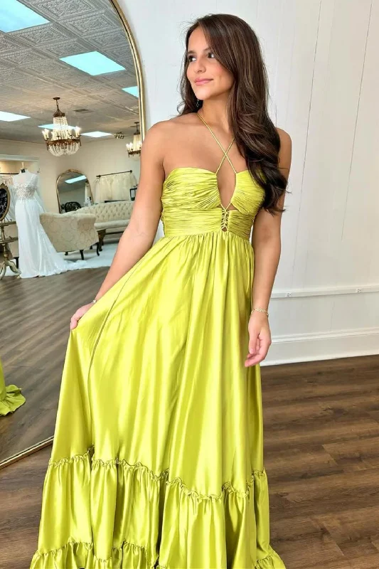 Chic Yellow A-Line Spaghetti Straps Lace Up Long Satin Prom Dress Lace Party Gown