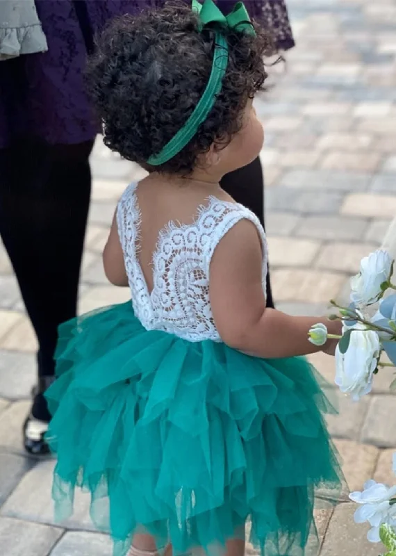 Peony Lace Flower Girl Dress in Green (tiered) Bohemian Lace Dress