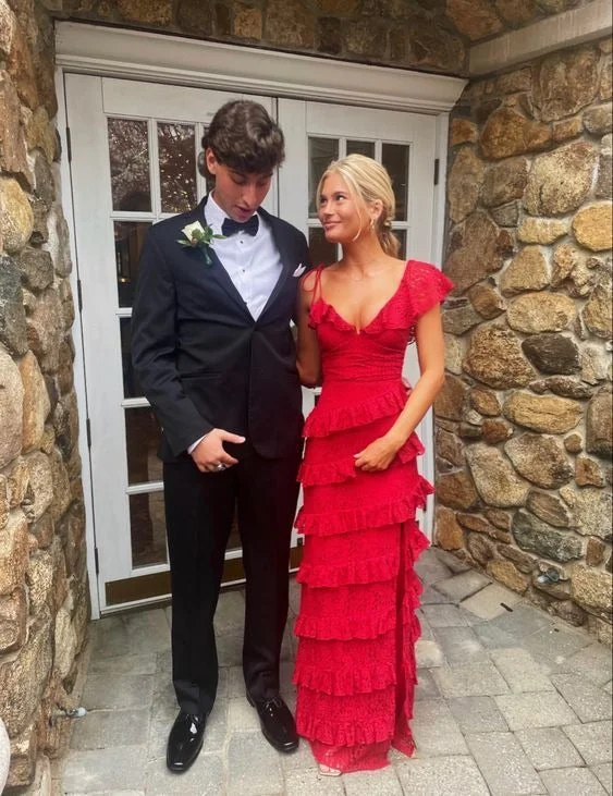 Red Lace Tiered Cute Sheath V Neck Long Prom Dress with Slit Lace Dress Flare