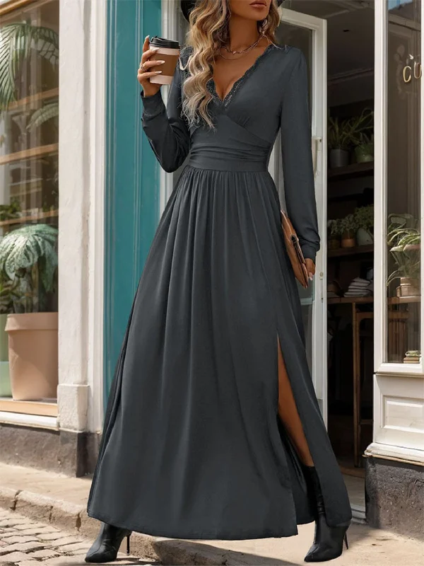 Lace Detail Slit V-Neck Long Sleeve Maxi Dress Blue Lace Dress