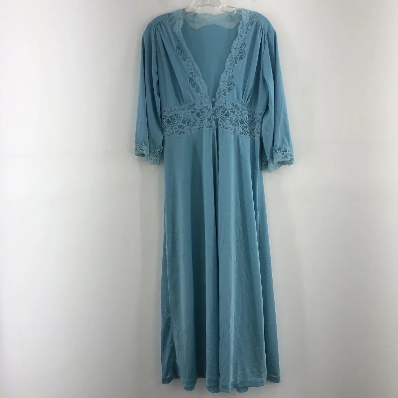 VTG D'oro Blue Lace V Neck Button Up LS House Robe Nightgown Women Size 42 Off-shoulder Lace Dress