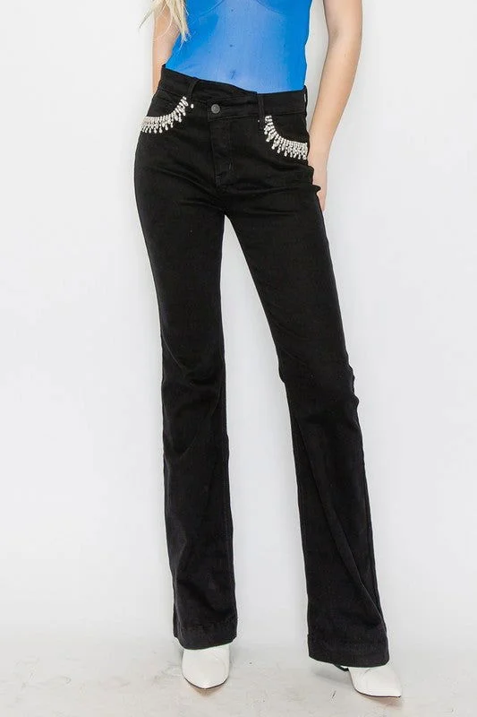 Artemis Vintage Embellished High Rise Cross Over Flare Jeans