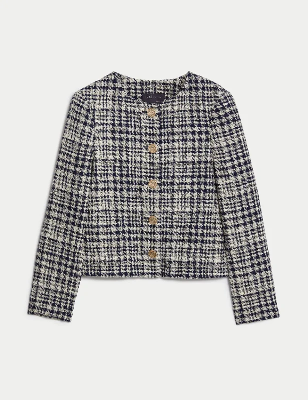 Tweed Checked Collarless Short Jacket Women's elegant jackets