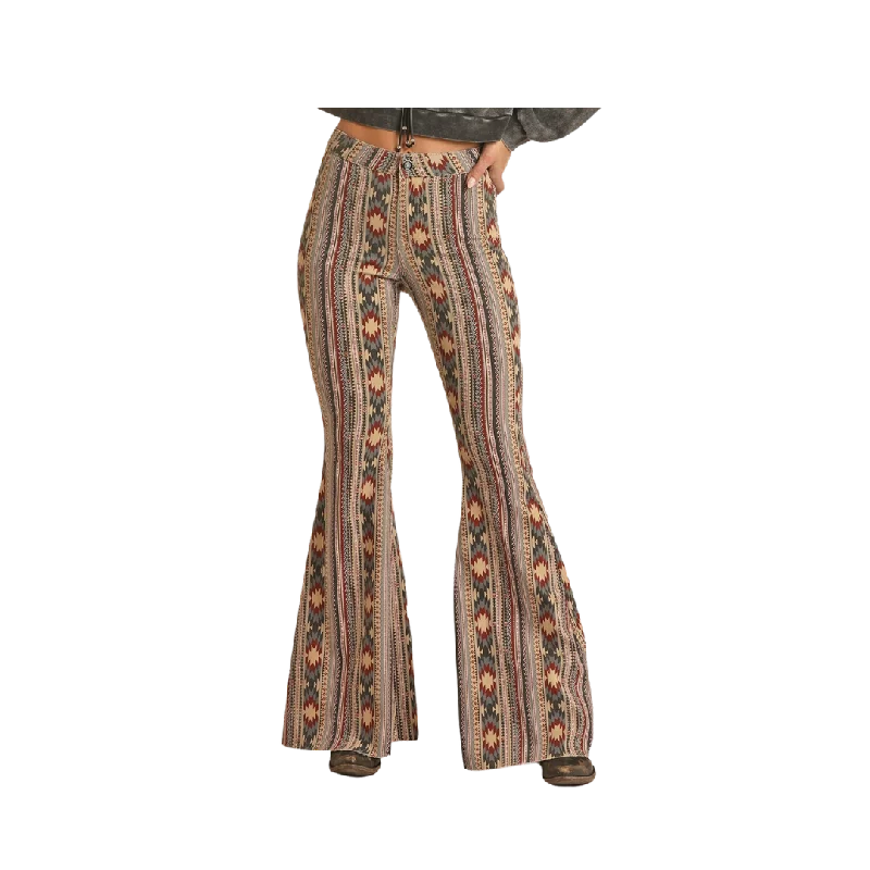 Panhandle Slim Women's High Rise Stretch Tan Aztec Bell Bottom Jeans