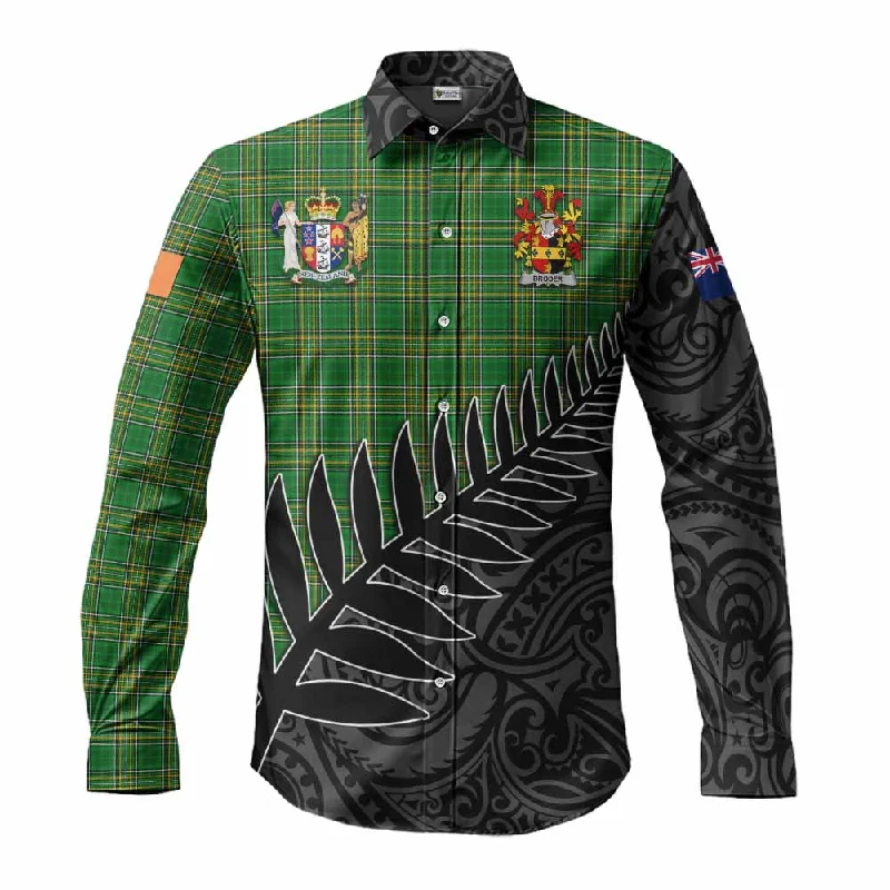Broder Irish Clan Tartan Long Sleeve Button Shirt with Coat of Arms New Zealand Silver Fern Half Style