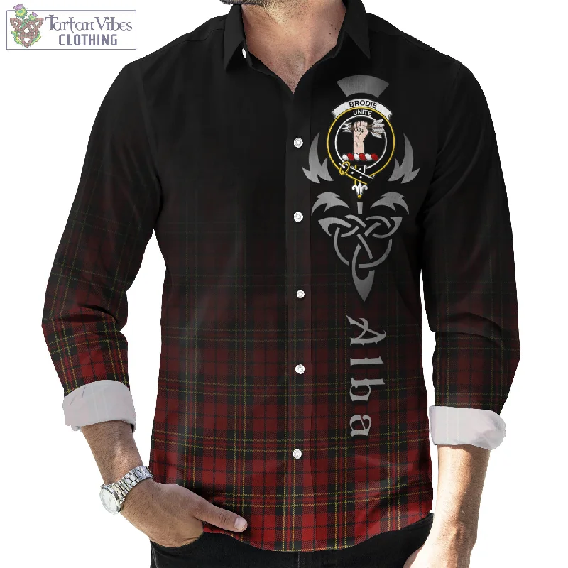 Brodie Tartan Long Sleeve Button Up Featuring Alba Gu Brath Family Crest Celtic Inspired