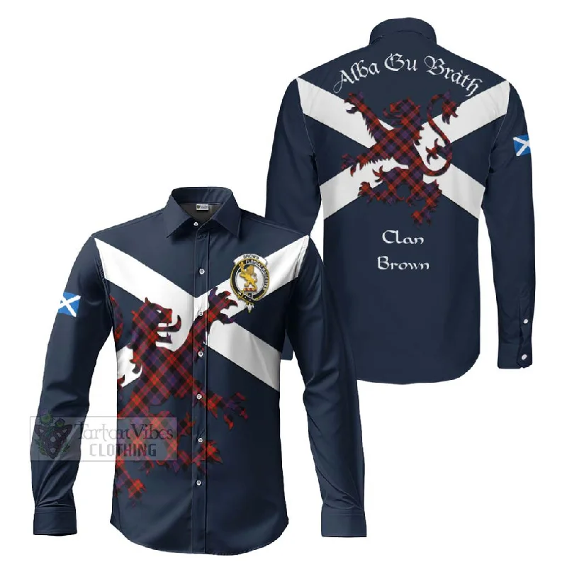 Brown (Broun) Tartan Lion Rampant Long Sleeve Button Shirt Proudly Display Your Heritage with Alba Gu Brath and Clan Name Brown (Broun) Tartan Lion Rampant Long Sleeve Button Shirt Proudly Display Your Heritage with Alba Gu Brath and Clan Name