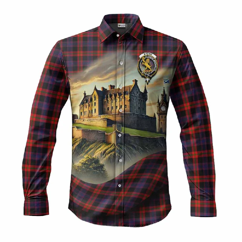 Brown (Broun) Tartan Family Crest Long Sleeve Button Shirt with Scottish Ancient Castle Style Brown (Broun) Tartan Family Crest Long Sleeve Button Shirt with Scottish Ancient Castle Style