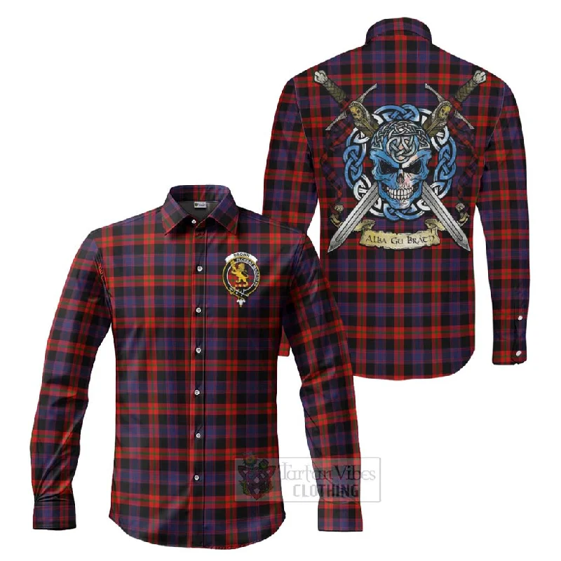 Brown (Broun) Tartan Long Sleeve Button Shirt with Family Crest Celtic Skull Style