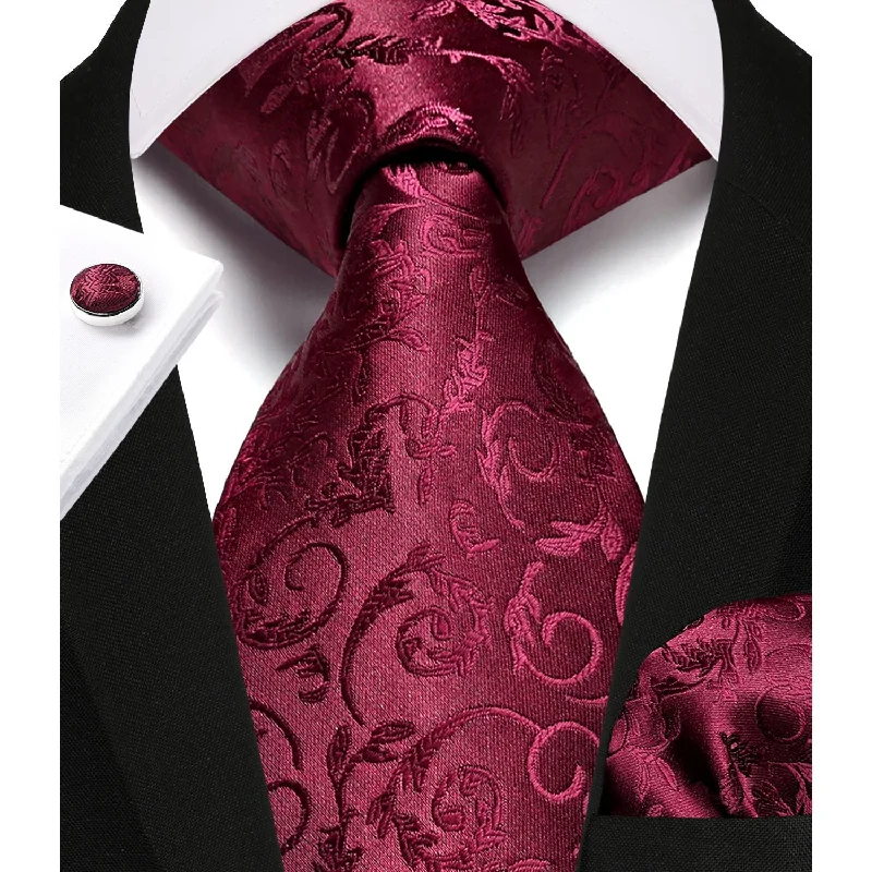 Floral Tie Handkerchief Cufflinks - H3-BURGUNDY