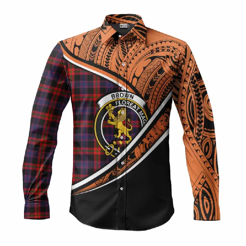 Brown (Broun) Crest Tartan Long Sleeve Button Shirt with Polynesian Vibes Style - Orange Version