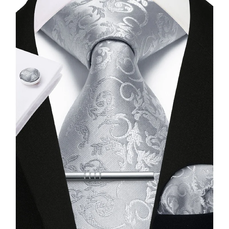 Floral Tie Handkerchief Cufflinks Clip - B1-GREY