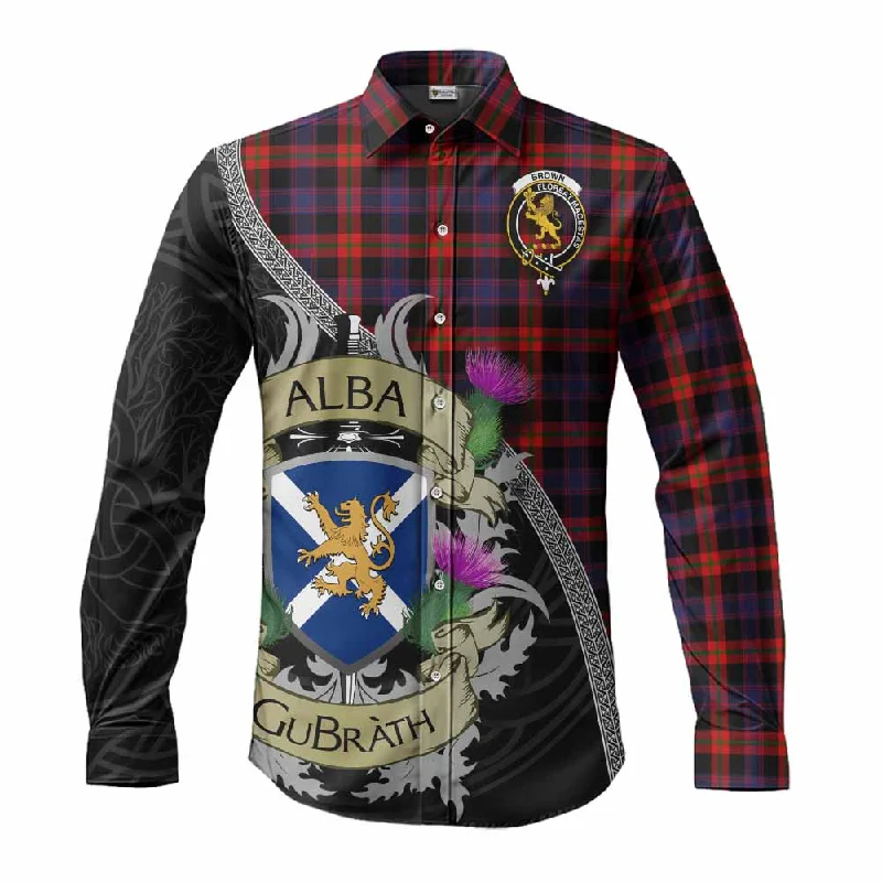 Brown (Broun) Tartan Family Crest Long Sleeve Button Shirt Lion Rampant Royal Thistle Shield Celtic Inspired Brown (Broun) Tartan Family Crest Long Sleeve Button Shirt Lion Rampant Royal Thistle Shield Celtic Inspired
