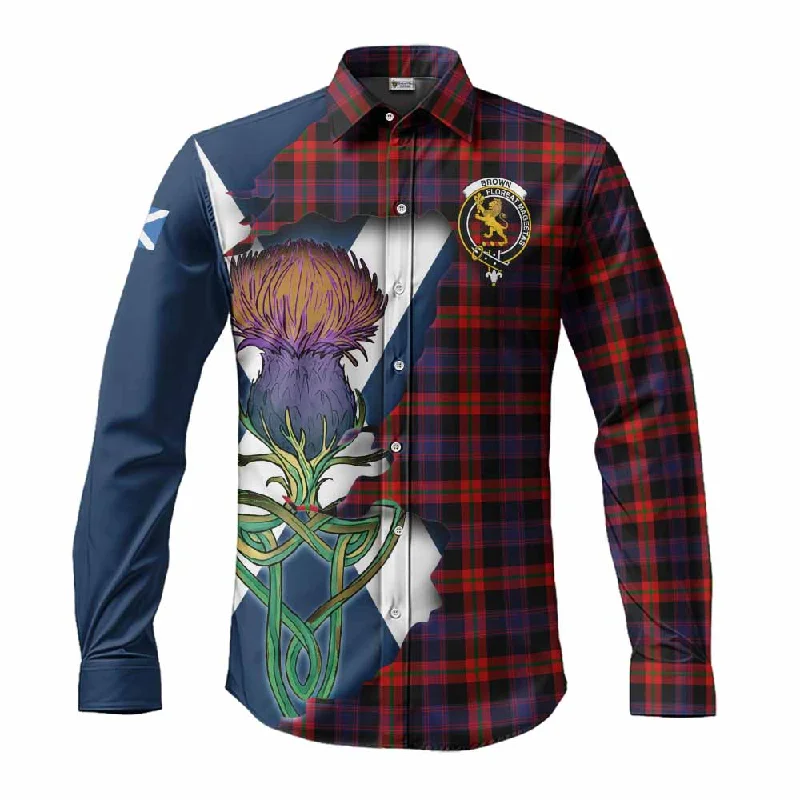 Brown (Broun) Tartan Family Crest Long Sleeve Button Shirt Scottish Thistle Celtic Inspired