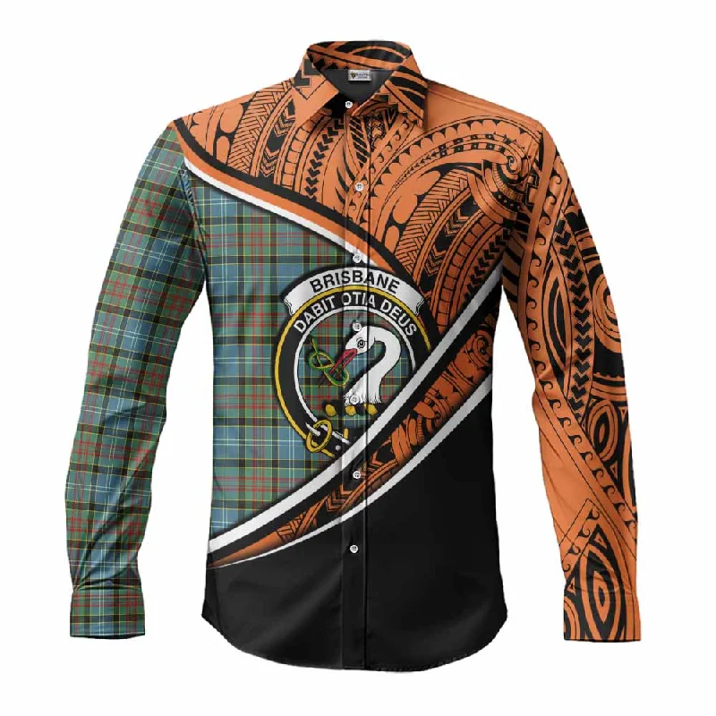 Brisbane Crest Tartan Long Sleeve Button Shirt with Polynesian Vibes Style - Orange Version