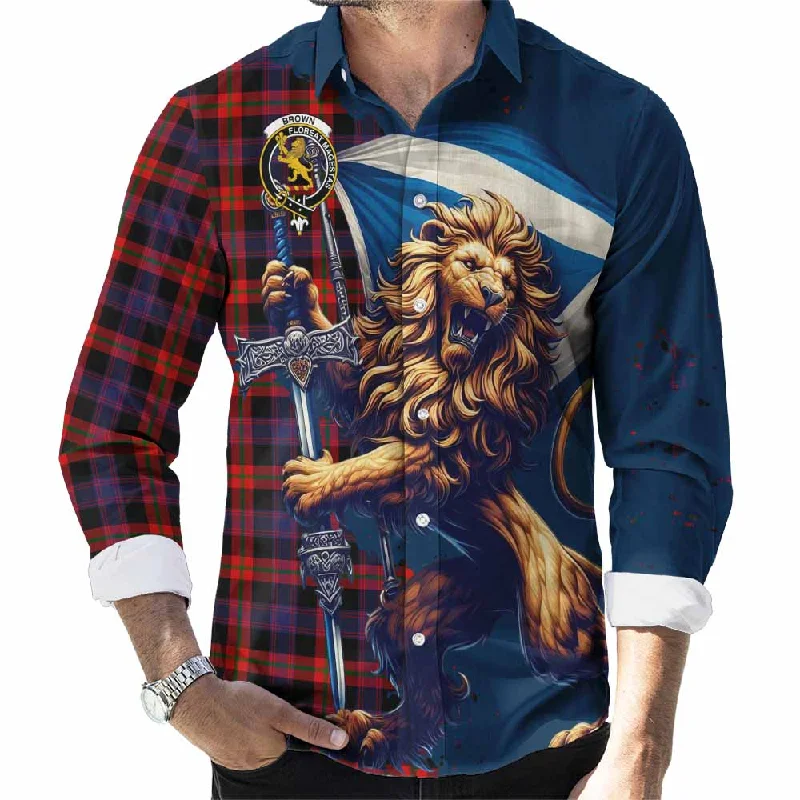 Brown (Broun) Tartan Family Crest Long Sleeve Button Shirt with Scottish Majestic Lion
