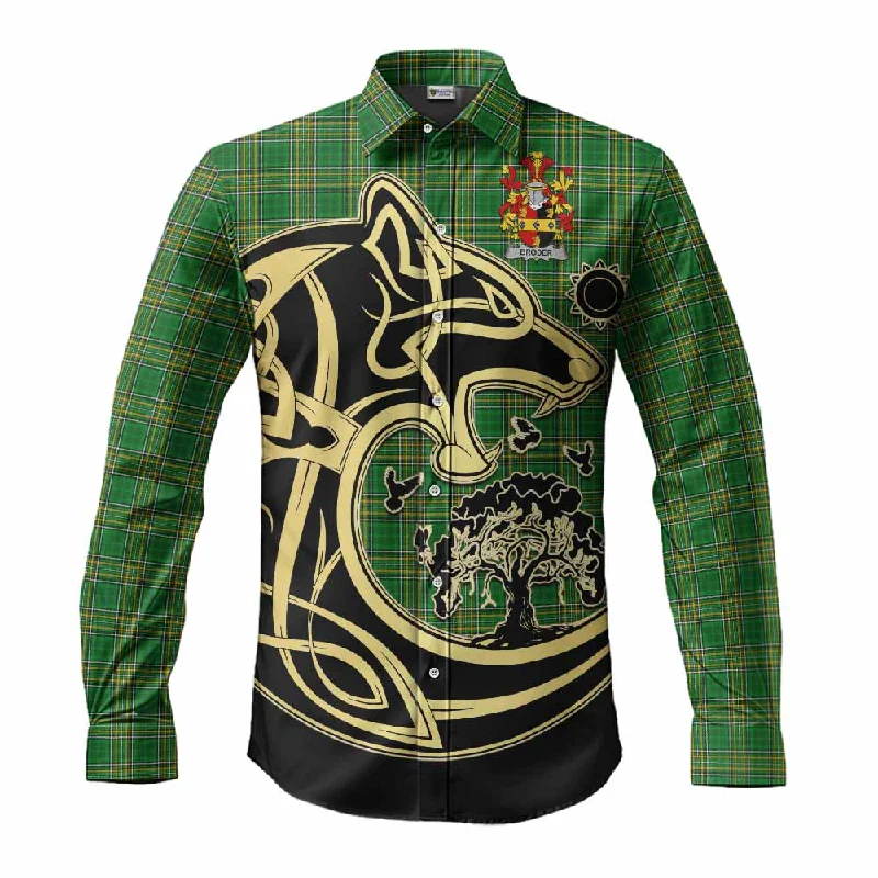 Broder Irish Tartan Long Sleeve Button Shirt with Coat of Arms Celtic Wolf Style