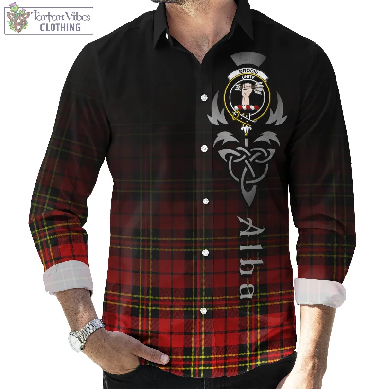 Brodie Modern Tartan Long Sleeve Button Up Featuring Alba Gu Brath Family Crest Celtic Inspired