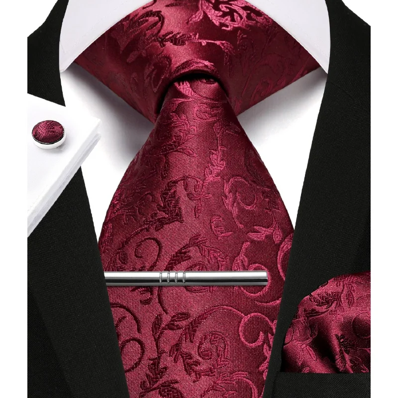 Floral Tie Handkerchief Cufflinks Clip - D1-BURGUNDY
