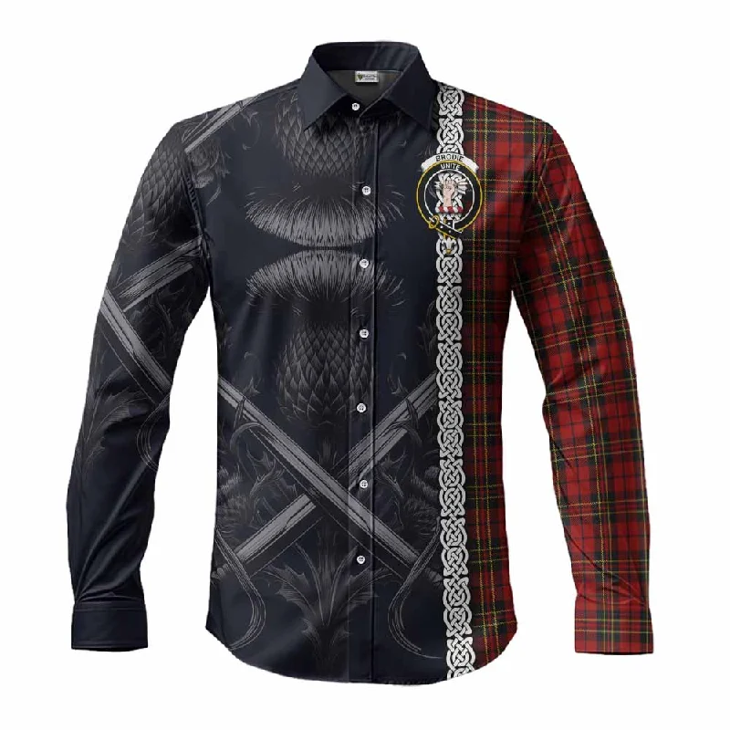 Brodie Tartan Long Sleeve Button Shirt with Family Crest Cross Sword Thistle Celtic Vibes