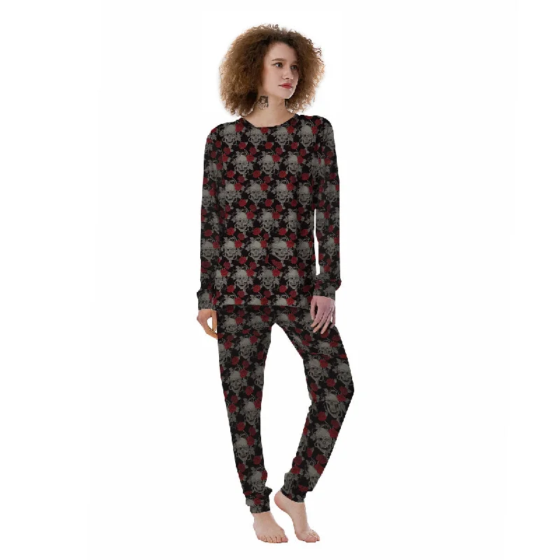 Grey Skull Red Rose Print Pattern Women's Pajamas Nursing pajama sets