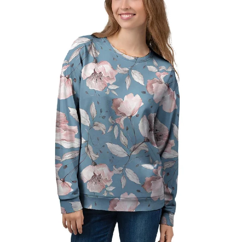 Blue Vintage Floral Print Women's Sweatshirt Best sweaters for casual wear