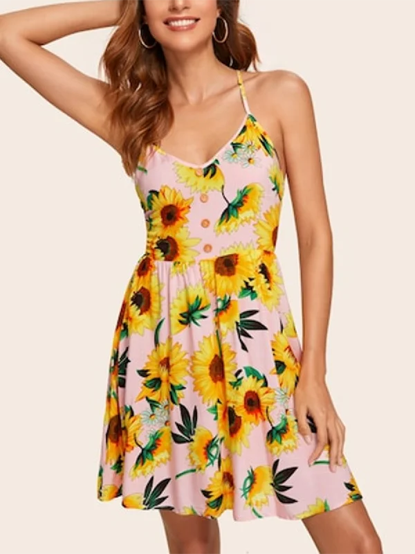 Backless Tie Back Slip Sunflower Print Button Mini Dress Lightweight mini dresses for hot weather