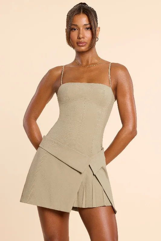 Woven Twill Wrap Over Pleated Mini Dress in Taupe Shein mini dresses