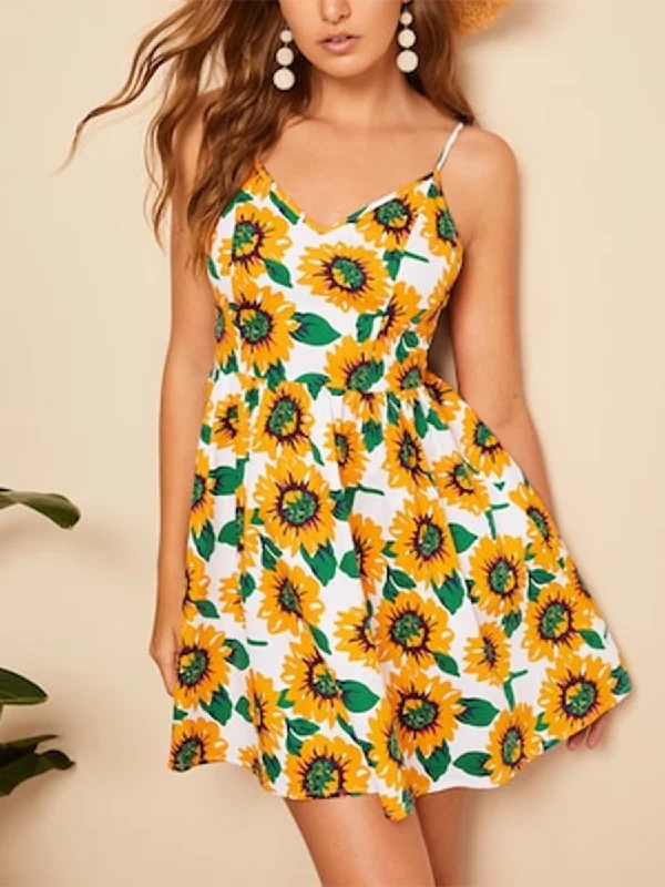 Knot Back Sunflower Print Sexy Cami High Waist Mini Dress Summer mini dresses