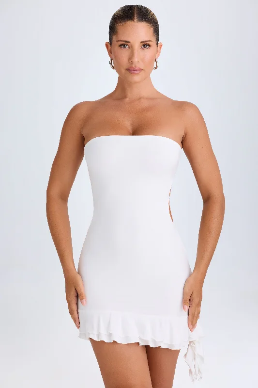 Ruffle-Trim Cut-Out Bandeau Mini Dress in White Festival mini dresses