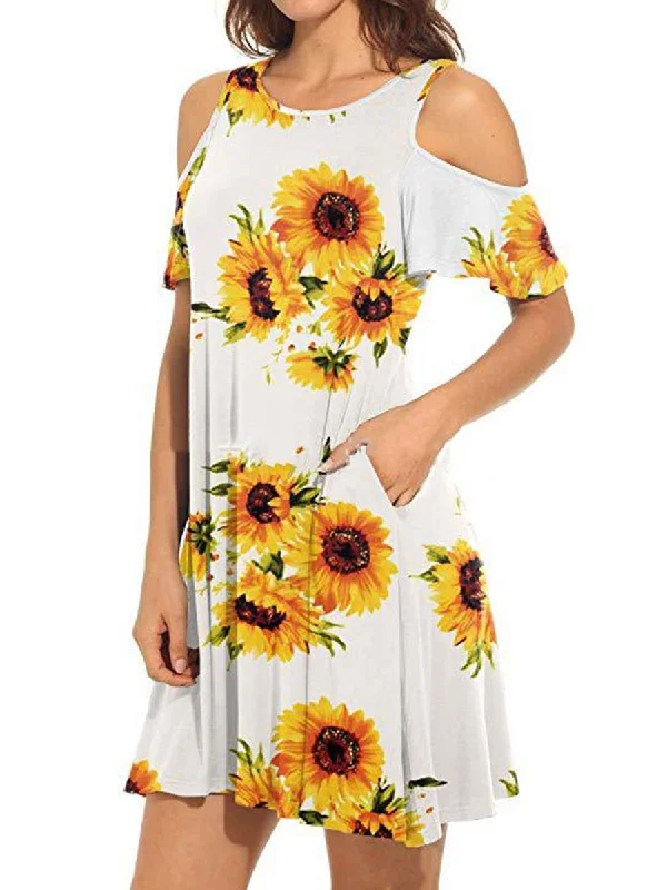 Women Sunflower Crew Neck Mini Dresses Corset mini dresses