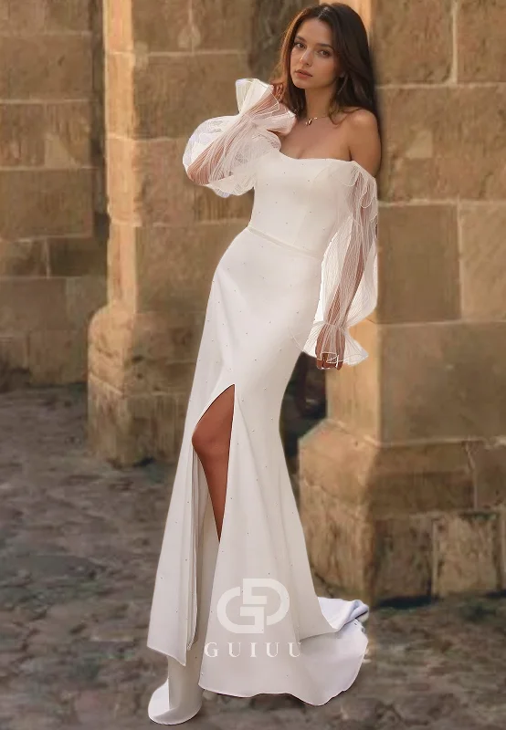 Strapless Simple Scoop Bell Sleeved Sheath Side Slit Wedding Dress Strapless Bridal Dress