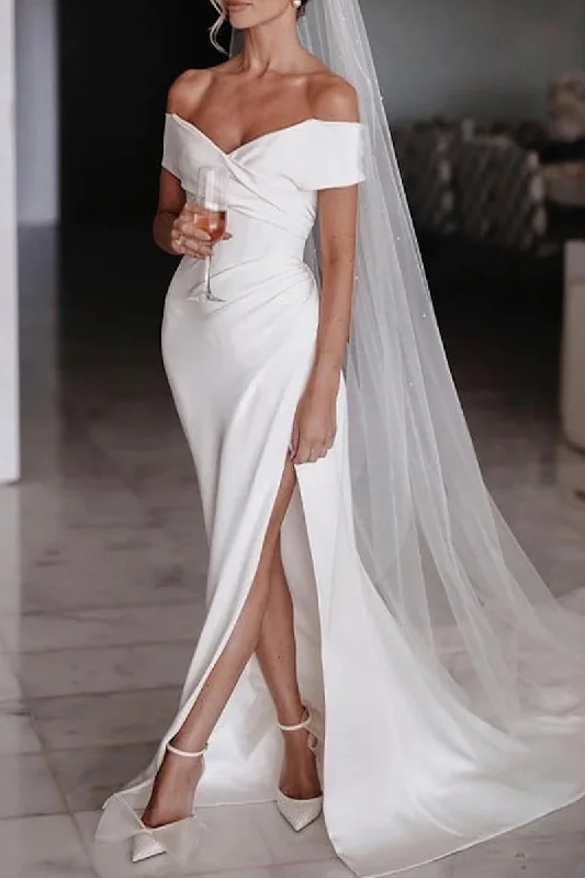 K1347 - Simple Off-Shoulder Ruched Satin Sheath Long Wedding Dress With Slit Modern Lace Gown