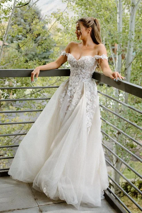 Fairy A Line Off the Shoulder Appliques Long Wedding Dresses Full Length Gown