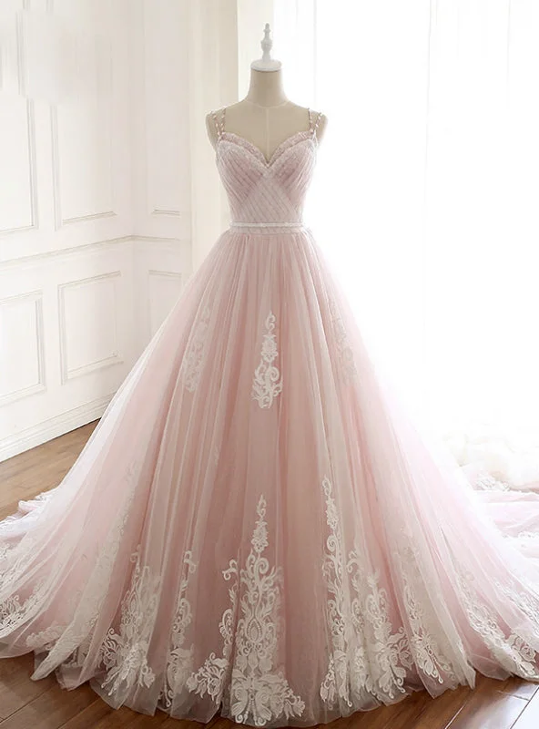 Pink Tulle Spaghetti Straps Backless Wedding Dress With Beading Soft Lace Gown